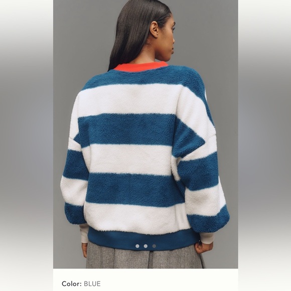 NWT new XS fits small Anthropologie Maeve Sherpa fleece stripe blue sweater top - Picture 10 of 17